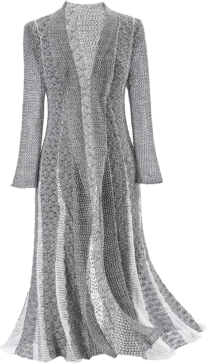 Metallic Threads Sweater Coat for Women, Open Front Maxi Cardigan, Lightweight Long Sleeve Knitted Duster