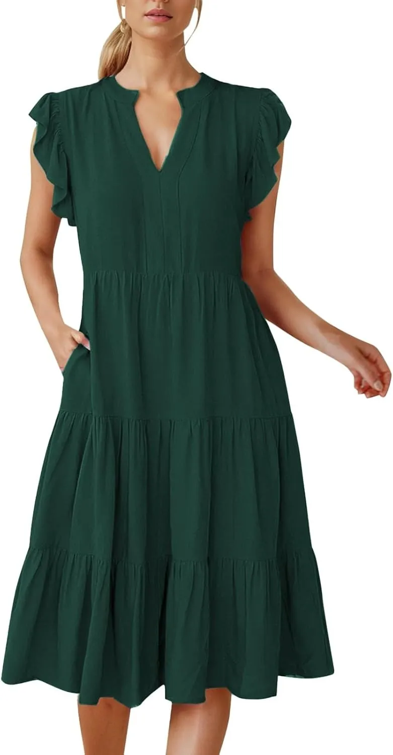 Midi Dresses for Women Casual Ruffle Sleeve V Neck Sundress Flowy Summer Vacation Mid Length Party Wedding Dress
