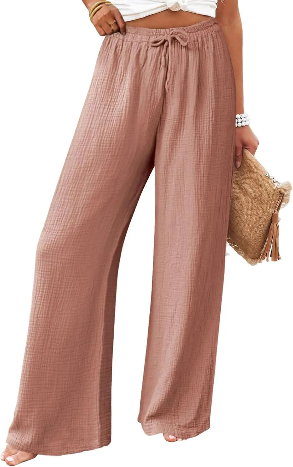 miduo Womens Cotton Drawstring Elastic High Waist Palazzo Pants Wide Leg Pants Casual Lounge Pant Trousers