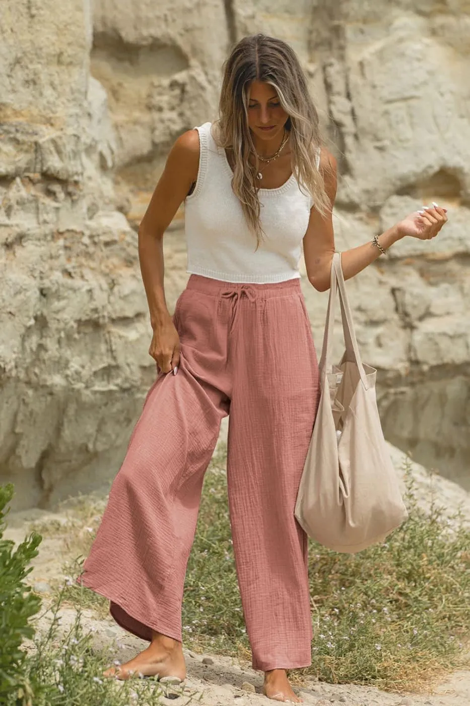 miduo Womens Cotton Drawstring Elastic High Waist Palazzo Pants Wide Leg Pants Casual Lounge Pant Trousers