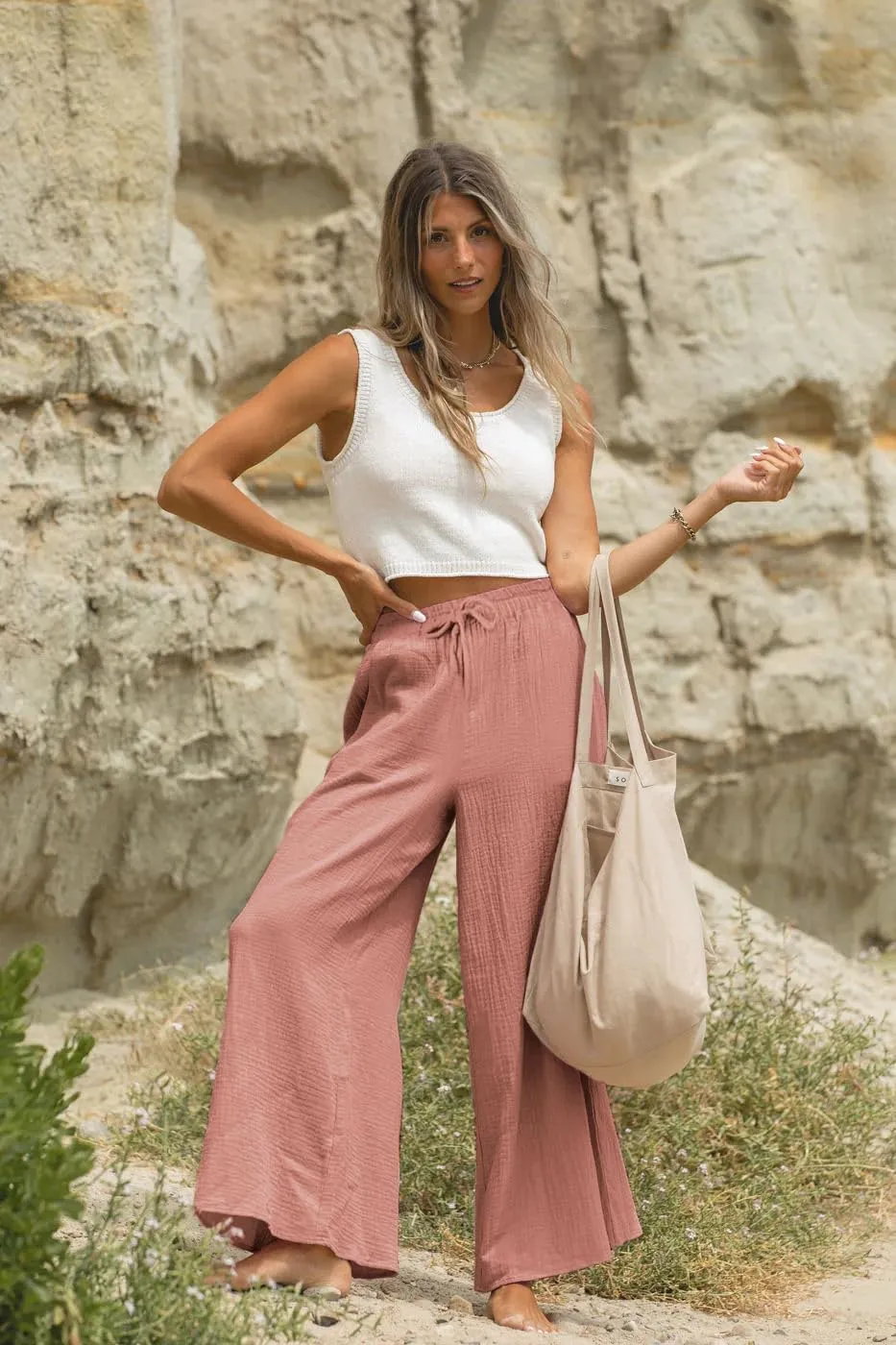 miduo Womens Cotton Drawstring Elastic High Waist Palazzo Pants Wide Leg Pants Casual Lounge Pant Trousers
