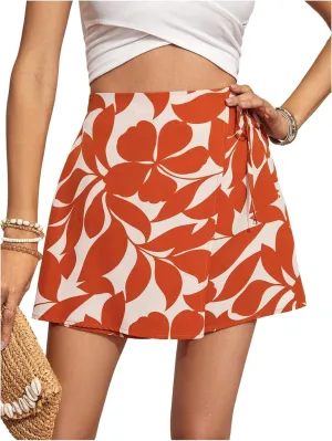 Milumia Women's Boho Floral Print High Waist Wrap Skorts Tie Knot Shorts