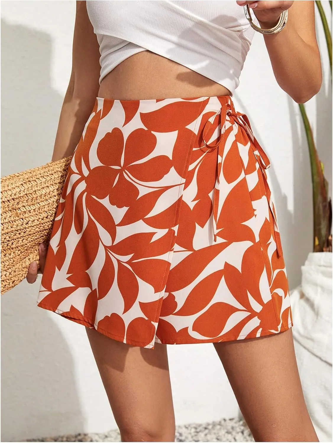 Milumia Women's Boho Floral Print High Waist Wrap Skorts Tie Knot Shorts