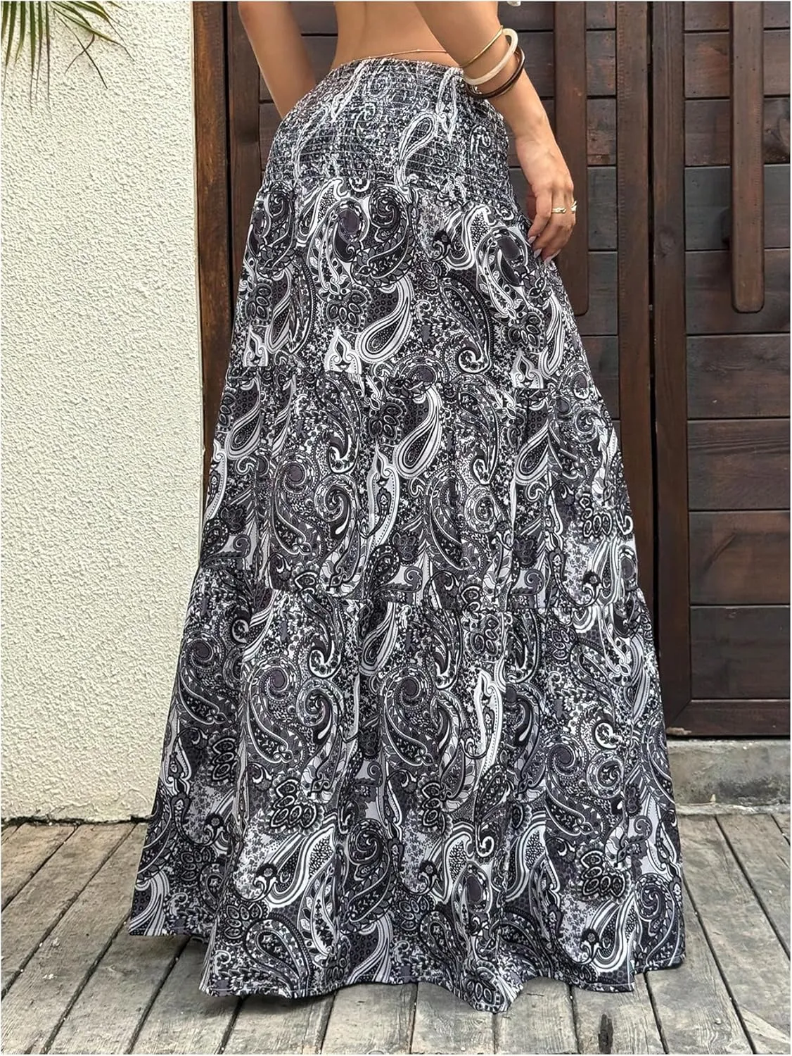 Milumia Women's Paisley Print Flowy Maxi Skirts Boho Shirred Long Skirts Beach Vacation