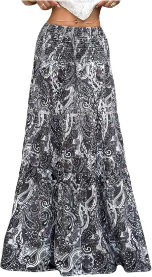 Milumia Women's Paisley Print Flowy Maxi Skirts Boho Shirred Long Skirts Beach Vacation