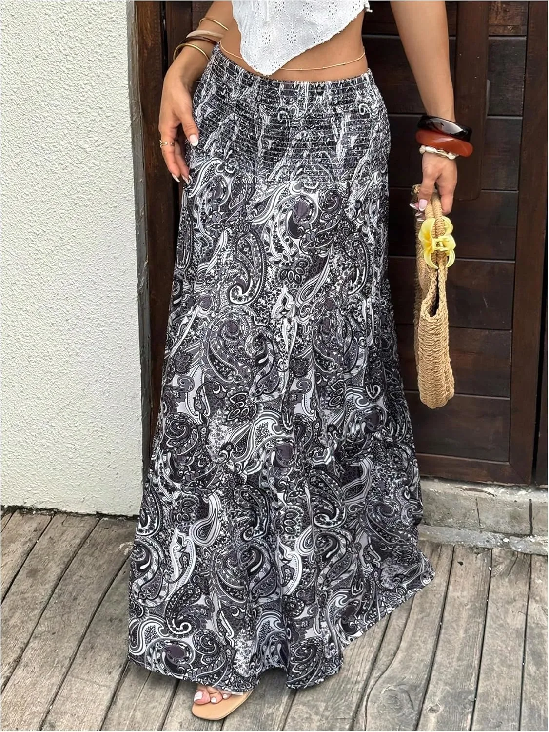 Milumia Women's Paisley Print Flowy Maxi Skirts Boho Shirred Long Skirts Beach Vacation