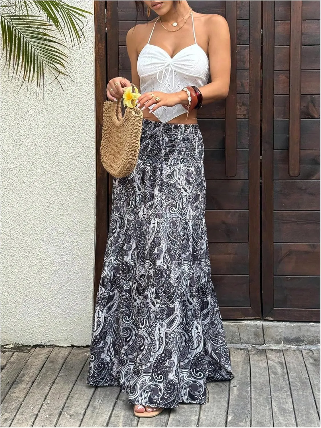 Milumia Women's Paisley Print Flowy Maxi Skirts Boho Shirred Long Skirts Beach Vacation