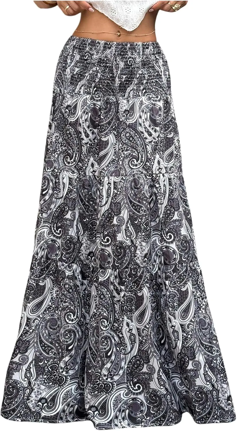 Milumia Women's Paisley Print Flowy Maxi Skirts Boho Shirred Long Skirts Beach Vacation