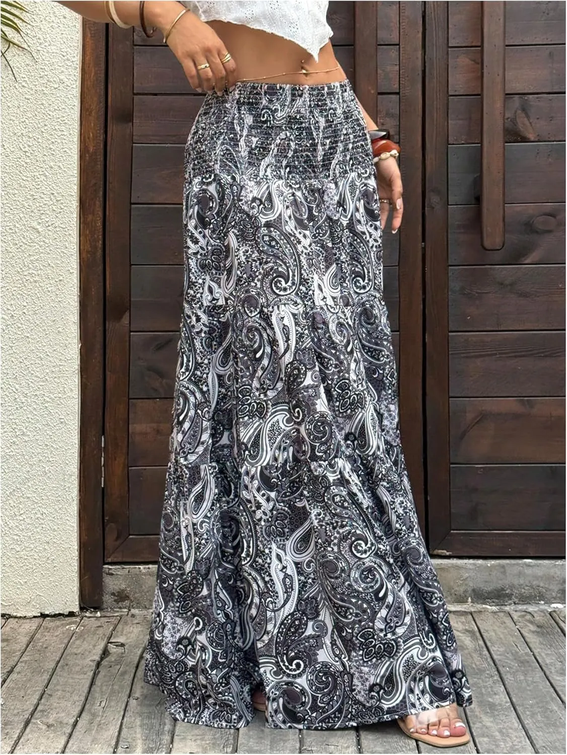 Milumia Women's Paisley Print Flowy Maxi Skirts Boho Shirred Long Skirts Beach Vacation