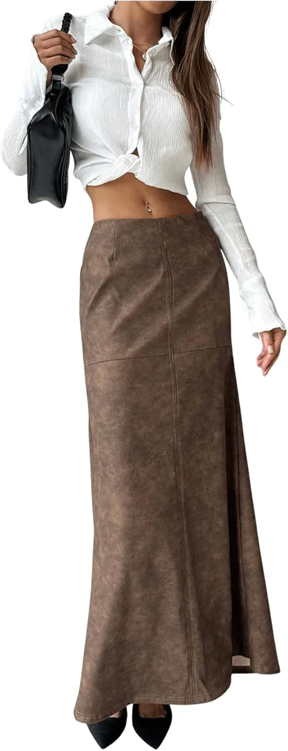 Milumia Women's PU Split Back Maxi Skirt Low Waist Bodycon Long Skirts