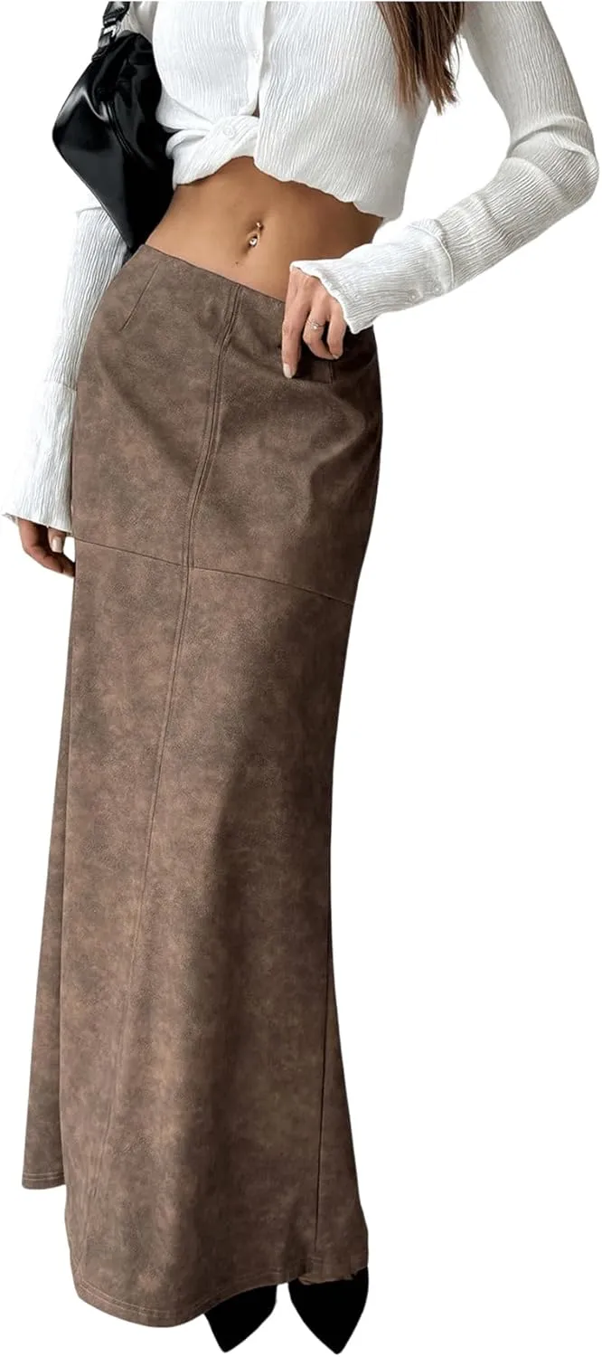 Milumia Women's PU Split Back Maxi Skirt Low Waist Bodycon Long Skirts