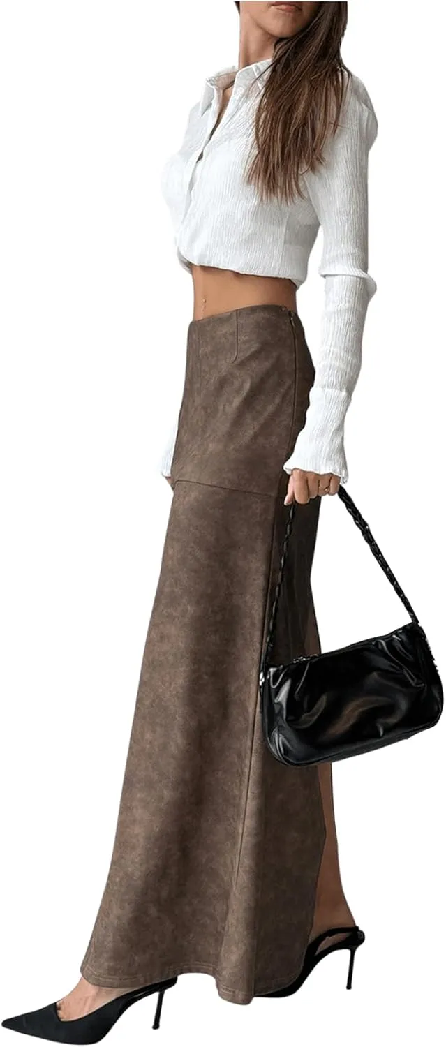Milumia Women's PU Split Back Maxi Skirt Low Waist Bodycon Long Skirts