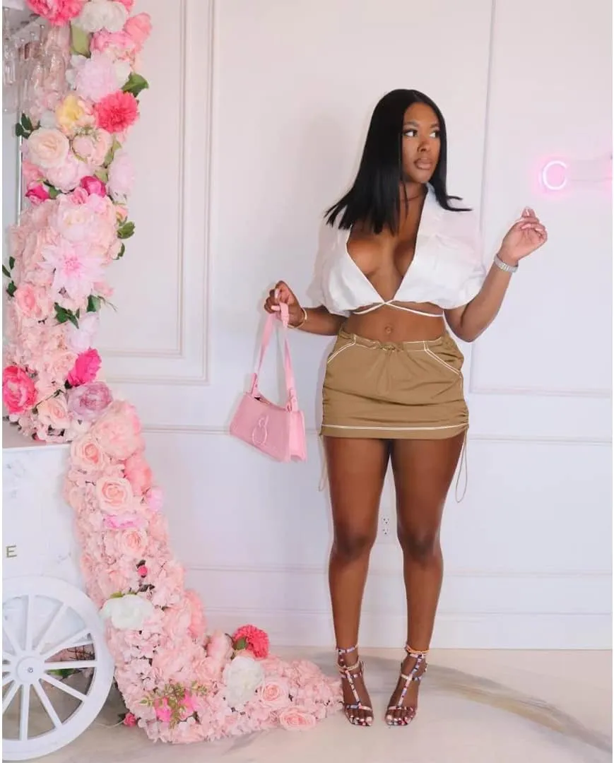 Mini Cargo Skirts for Women Y2K Low Waist Side Drawstring Trendy Summer Short Skirt with Pockets