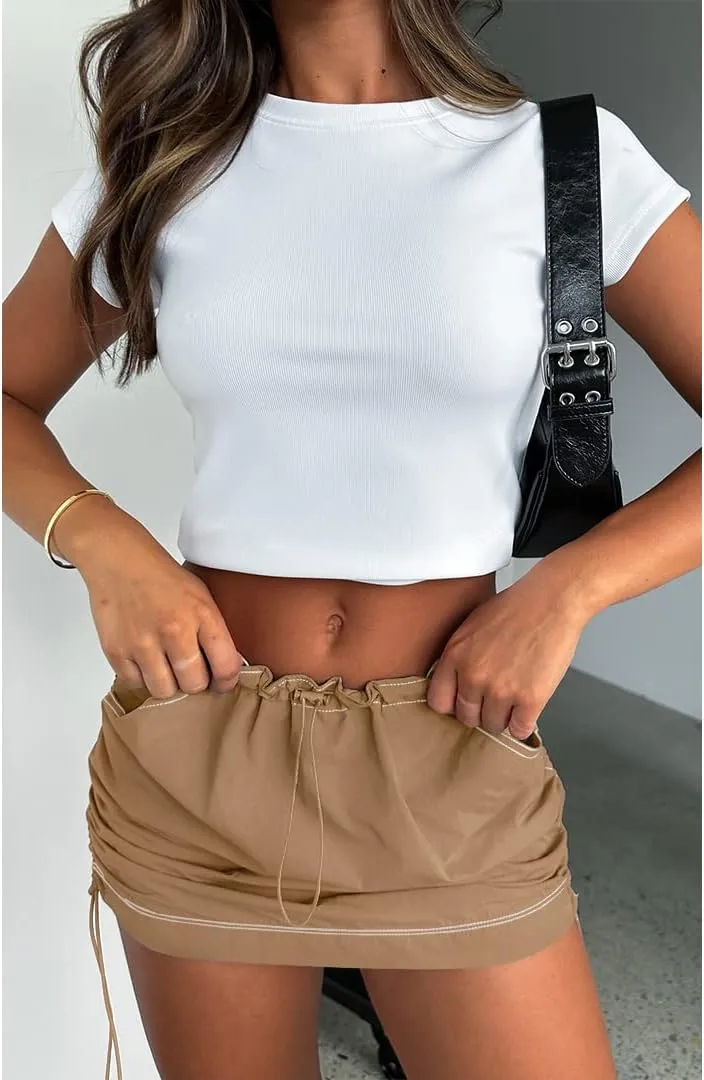 Mini Cargo Skirts for Women Y2K Low Waist Side Drawstring Trendy Summer Short Skirt with Pockets