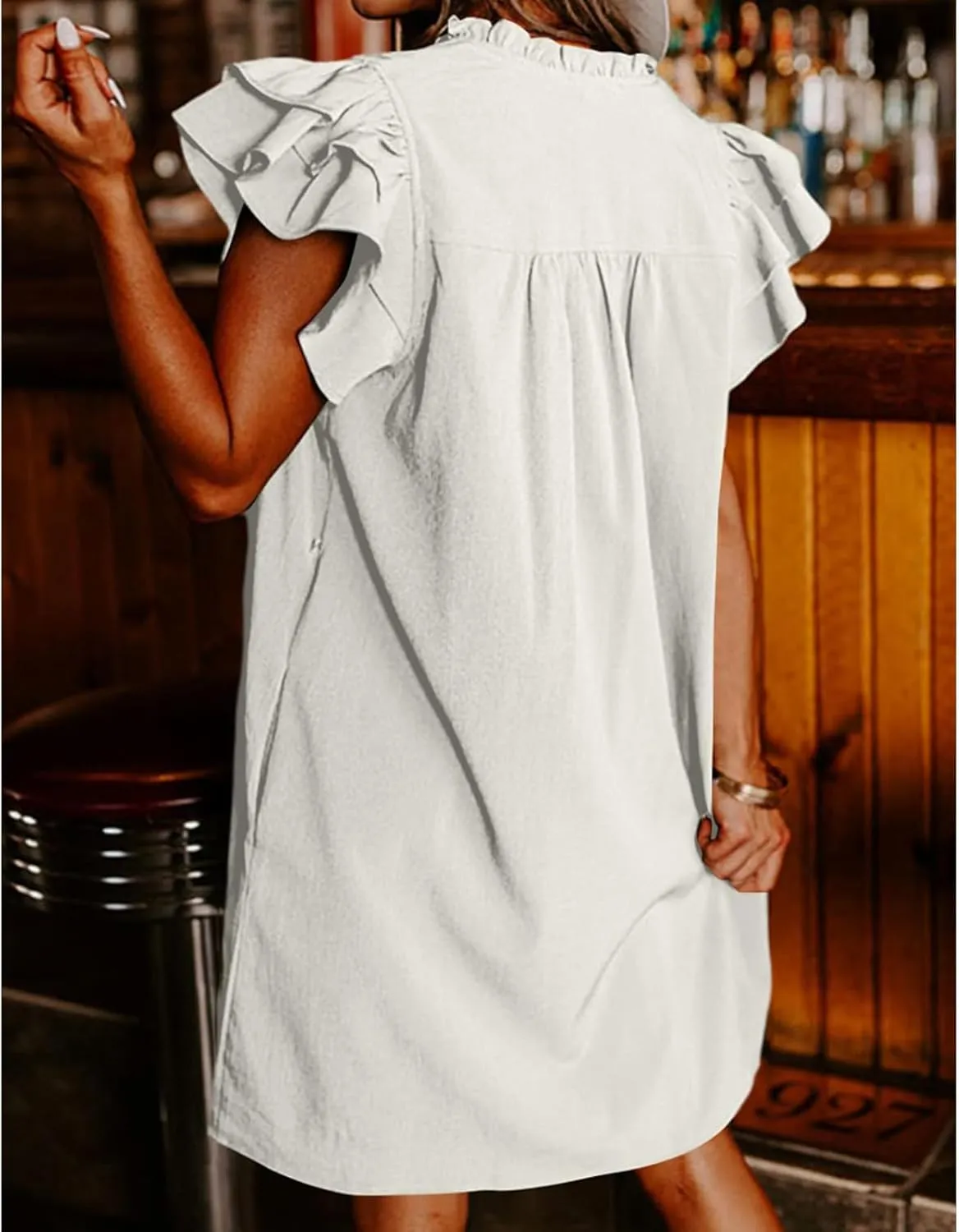 Mini Dresses for Women V Neck Ruffle Cap Short Sleeve Dress Casual Flowy Pleated A Line Sundress Soft Casual Shirt Dress