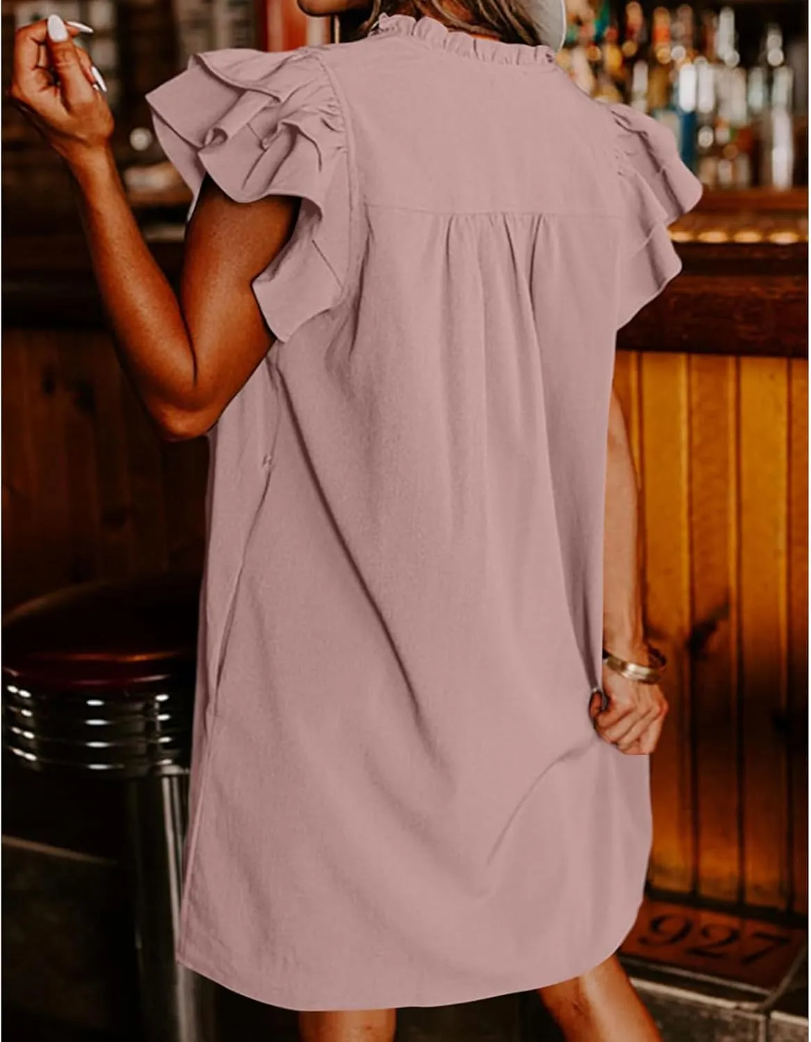 Mini Dresses for Women V Neck Ruffle Cap Short Sleeve Dress Casual Flowy Pleated A Line Sundress Soft Casual Shirt Dress