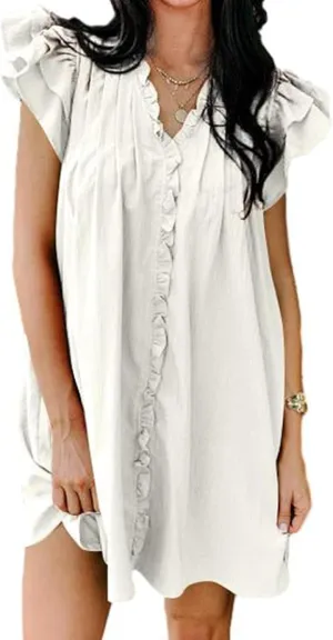 Mini Dresses for Women V Neck Ruffle Cap Short Sleeve Dress Casual Flowy Pleated A Line Sundress Soft Casual Shirt Dress