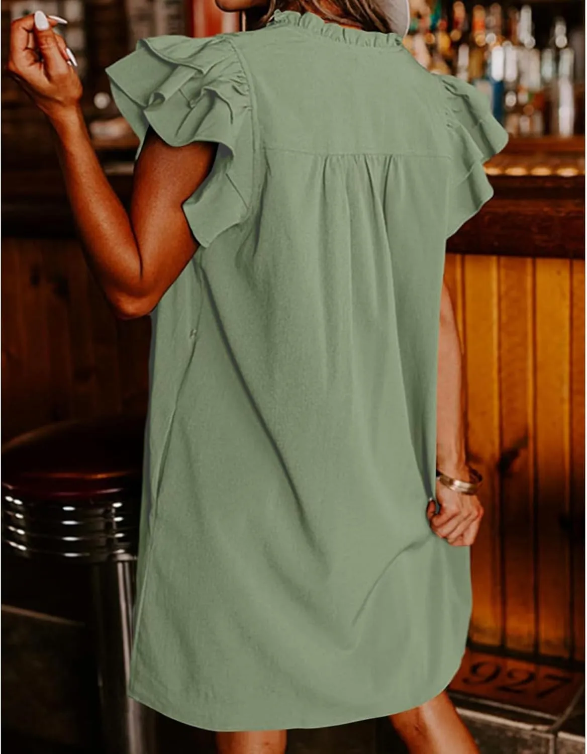 Mini Dresses for Women V Neck Ruffle Cap Short Sleeve Dress Casual Flowy Pleated A Line Sundress Soft Casual Shirt Dress