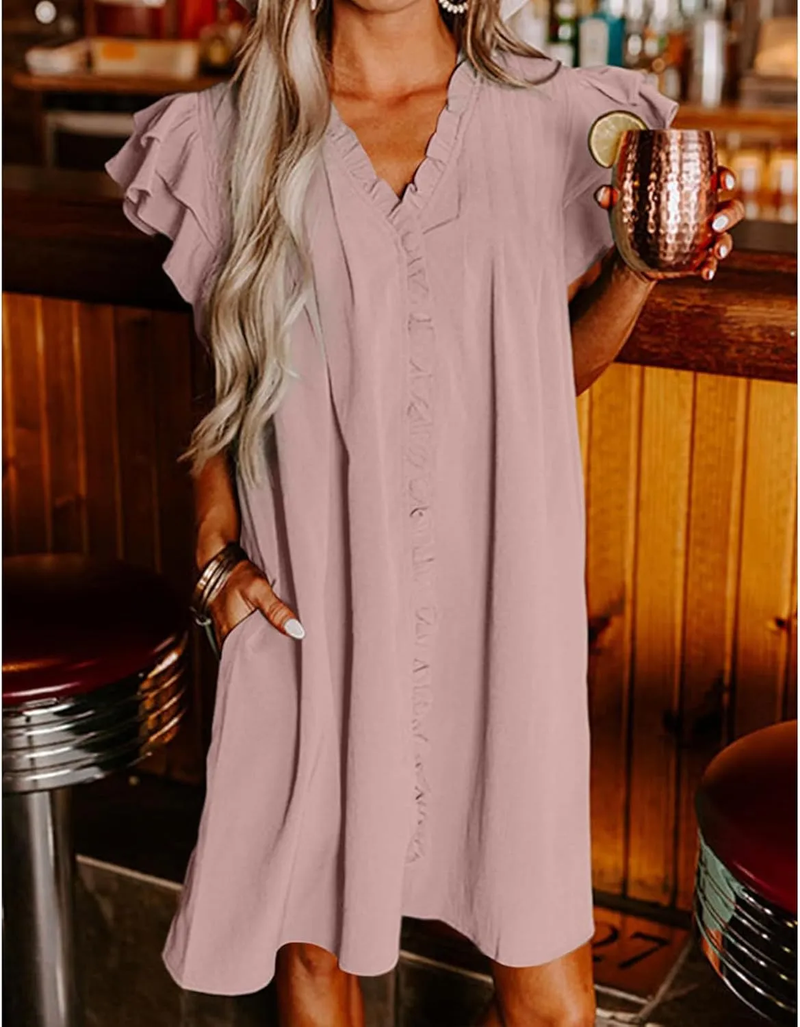 Mini Dresses for Women V Neck Ruffle Cap Short Sleeve Dress Casual Flowy Pleated A Line Sundress Soft Casual Shirt Dress