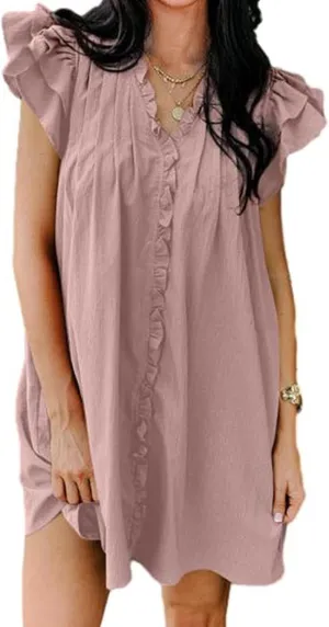 Mini Dresses for Women V Neck Ruffle Cap Short Sleeve Dress Casual Flowy Pleated A Line Sundress Soft Casual Shirt Dress