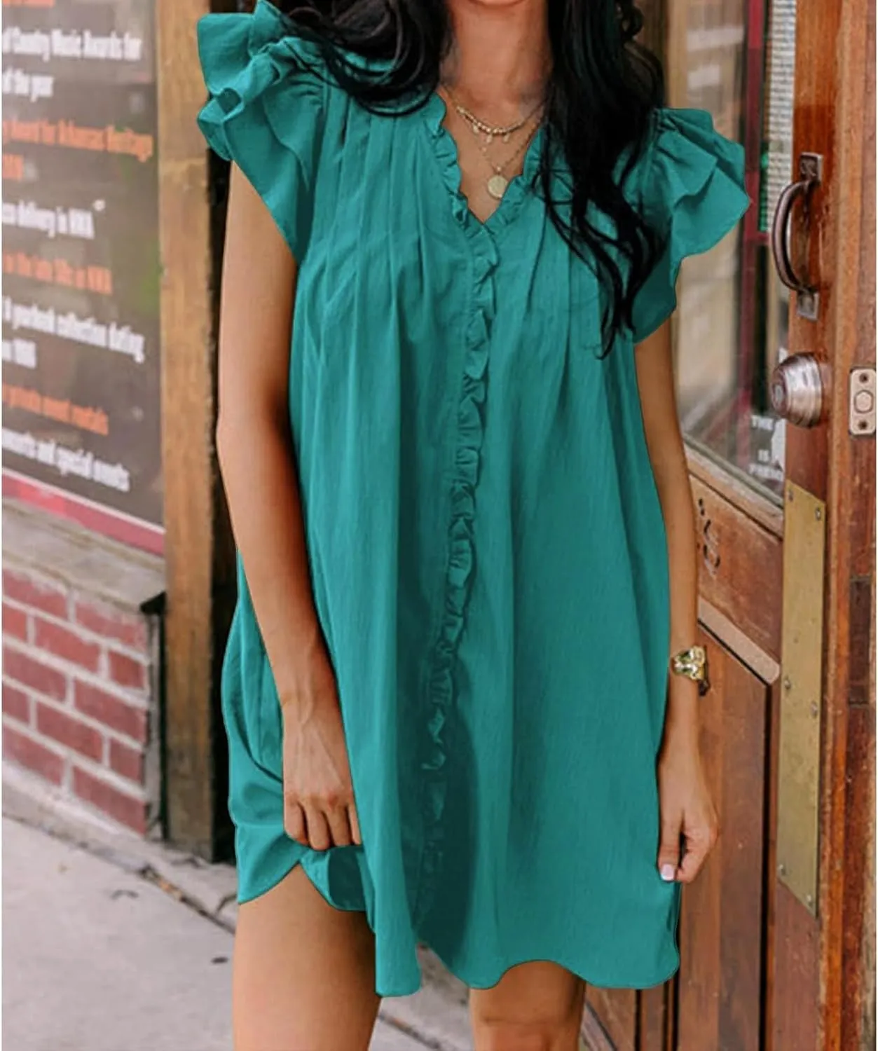 Mini Dresses for Women V Neck Ruffle Cap Short Sleeve Dress Casual Flowy Pleated A Line Sundress Soft Casual Shirt Dress