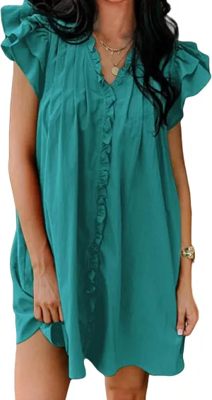 Mini Dresses for Women V Neck Ruffle Cap Short Sleeve Dress Casual Flowy Pleated A Line Sundress Soft Casual Shirt Dress