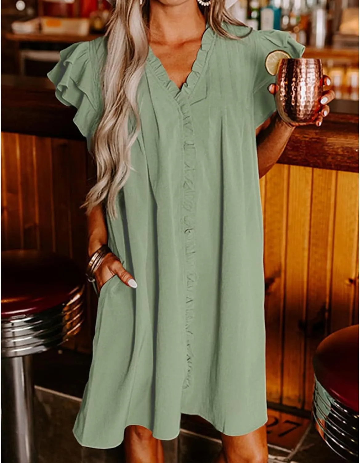Mini Dresses for Women V Neck Ruffle Cap Short Sleeve Dress Casual Flowy Pleated A Line Sundress Soft Casual Shirt Dress