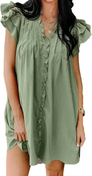 Mini Dresses for Women V Neck Ruffle Cap Short Sleeve Dress Casual Flowy Pleated A Line Sundress Soft Casual Shirt Dress