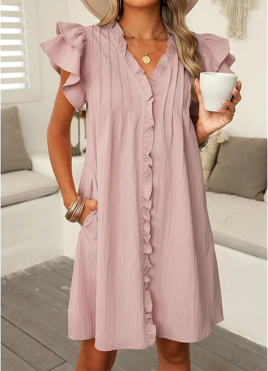 Mini Dresses for Women V Neck Ruffle Cap Short Sleeve Dress Casual Flowy Pleated A Line Sundress Soft Casual Shirt Dress