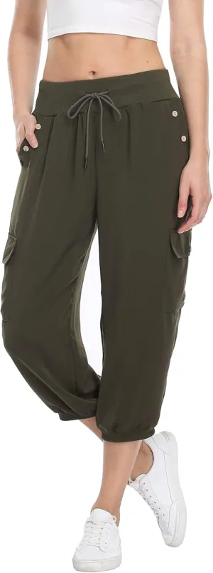 MISS MOLY Women's Loose Cropped Capris Cargo Joggers Pants Harem Sweatpants Stylish Soft Casual with Pockets (Army Green, Large)