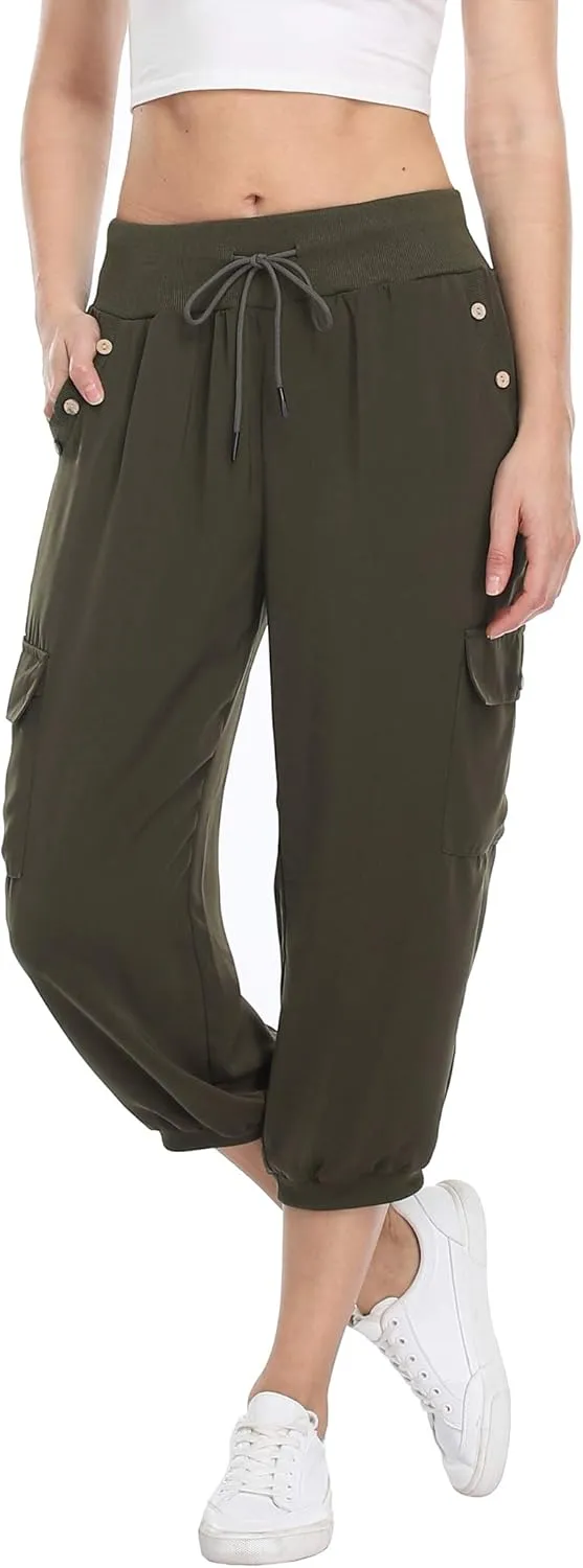 MISS MOLY Women's Loose Cropped Capris Cargo Joggers Pants Harem Sweatpants Stylish Soft Casual with Pockets (Army Green, Large)