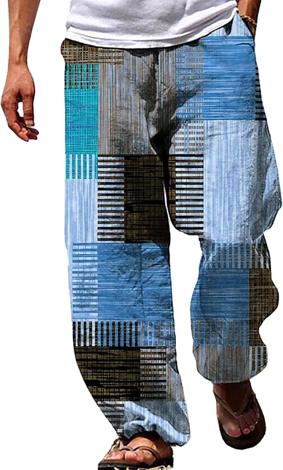 Muyise Men's Casual Cotton Linen Drawstring Pants Summer Color Block Elastic Waist Straight Legs Palazzo Pants with Pockets
