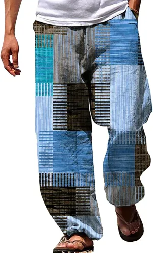 Muyise Men's Casual Cotton Linen Drawstring Pants Summer Color Block Elastic Waist Straight Legs Palazzo Pants with Pockets