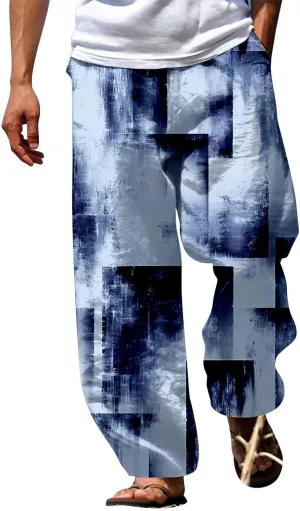 Muyise Men's Casual Cotton Linen Drawstring Pants Summer Color Block Elastic Waist Straight Legs Palazzo Pants with Pockets