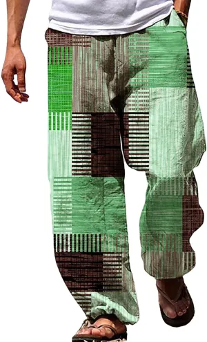 Muyise Men's Casual Cotton Linen Drawstring Pants Summer Color Block Elastic Waist Straight Legs Palazzo Pants with Pockets