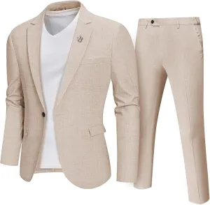 MY'S Men's 2 Piece Regular Fit Linen Suit Set, One Button Lightweight Jacket Pants for Business, Casual, or Prom