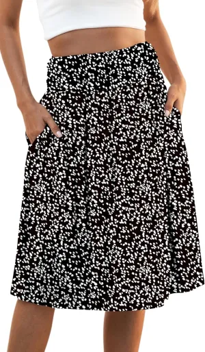 Naggoo Womens Summer Elastic High Waisted Midi Skirts Flowy Aline Knee Length Skirt with Pockets S-XXXL