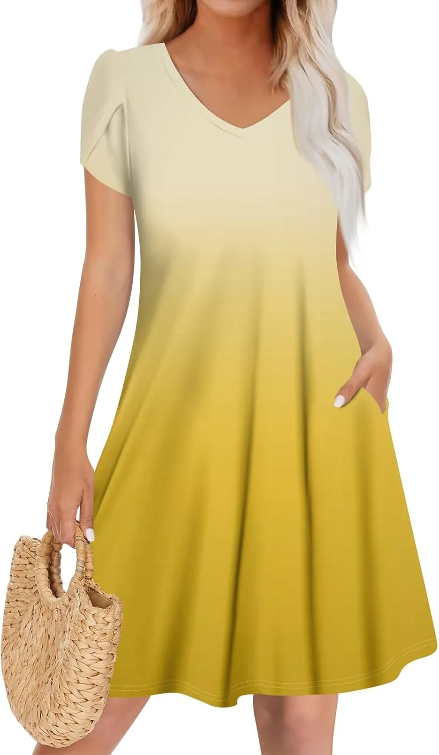 NBXNZWF Women's 2025 Casual Summer Dresses Short Sleeve V Neck Sundress Boho Floral Print Trendy Vacation Dress with Pockets