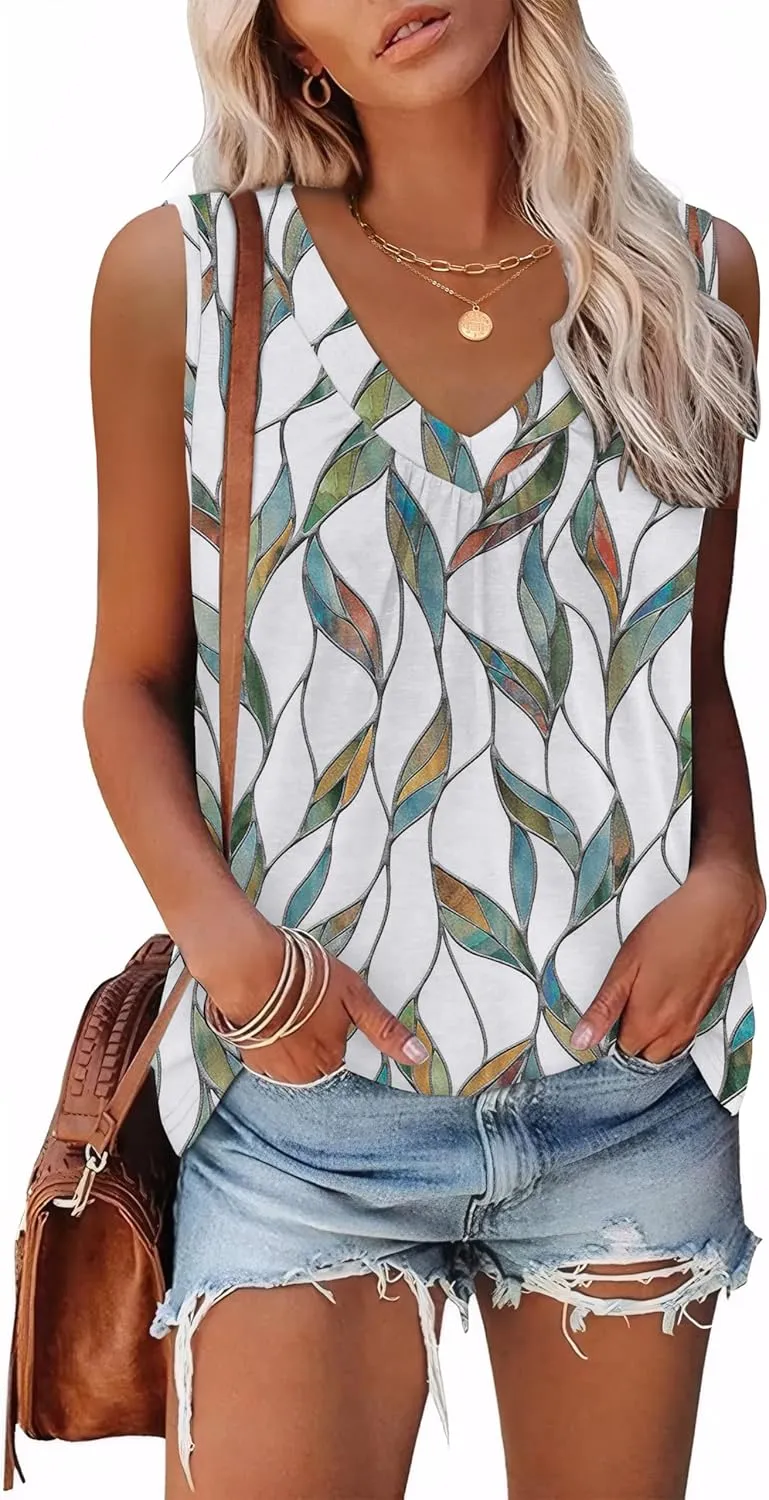 OFEEFAN Tank Top for Women Loose Fit Sleeveless Shirts V Neck Summer Clothes Ruched Women's Tees and Tanks Curved Hem