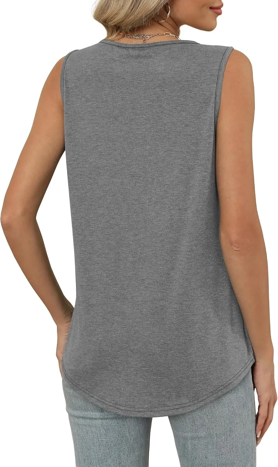 OFEEFAN Tank Top for Women Loose Fit Sleeveless Shirts V Neck Summer Clothes Ruched Women's Tees and Tanks Curved Hem