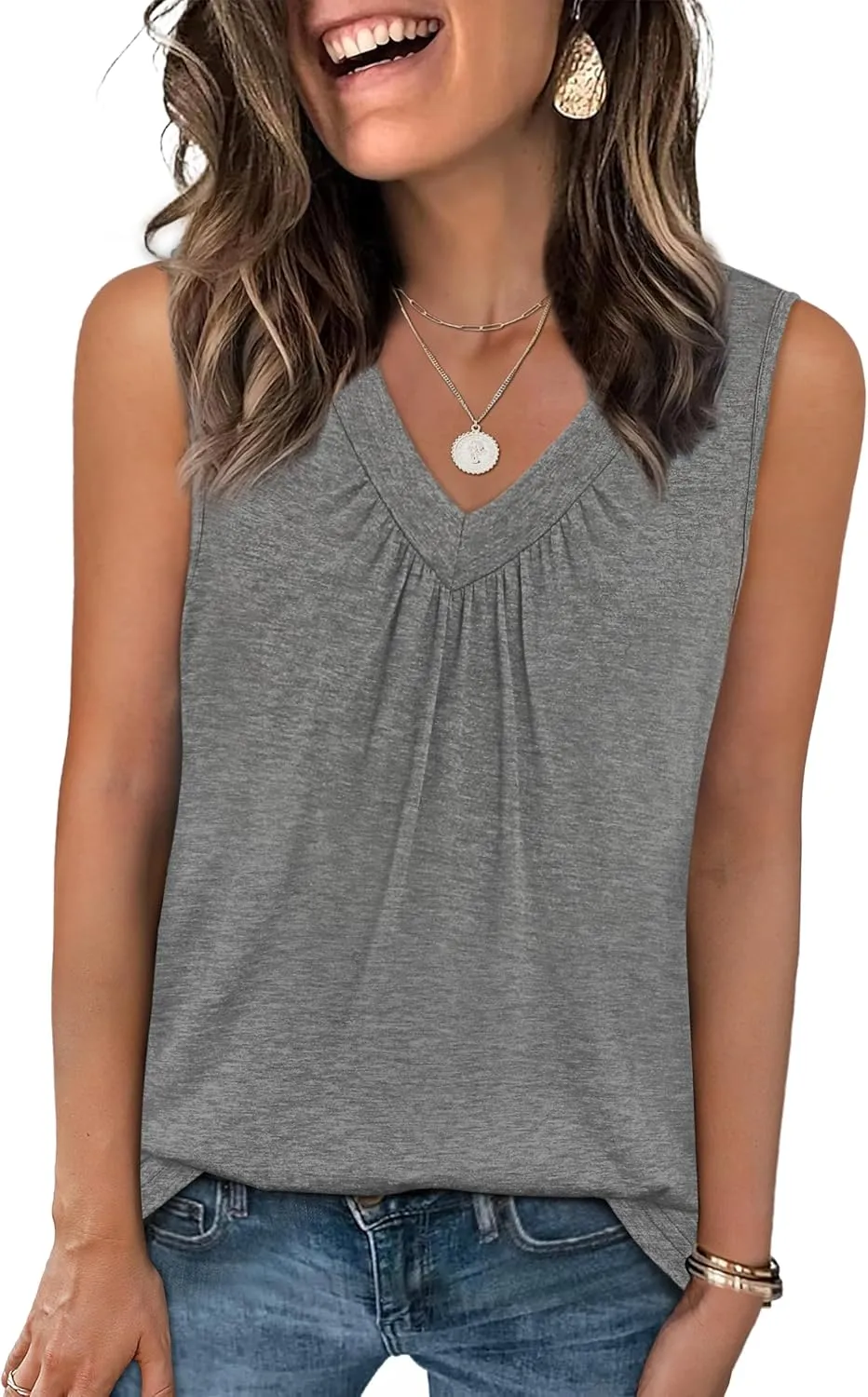 OFEEFAN Tank Top for Women Loose Fit Sleeveless Shirts V Neck Summer Clothes Ruched Women's Tees and Tanks Curved Hem