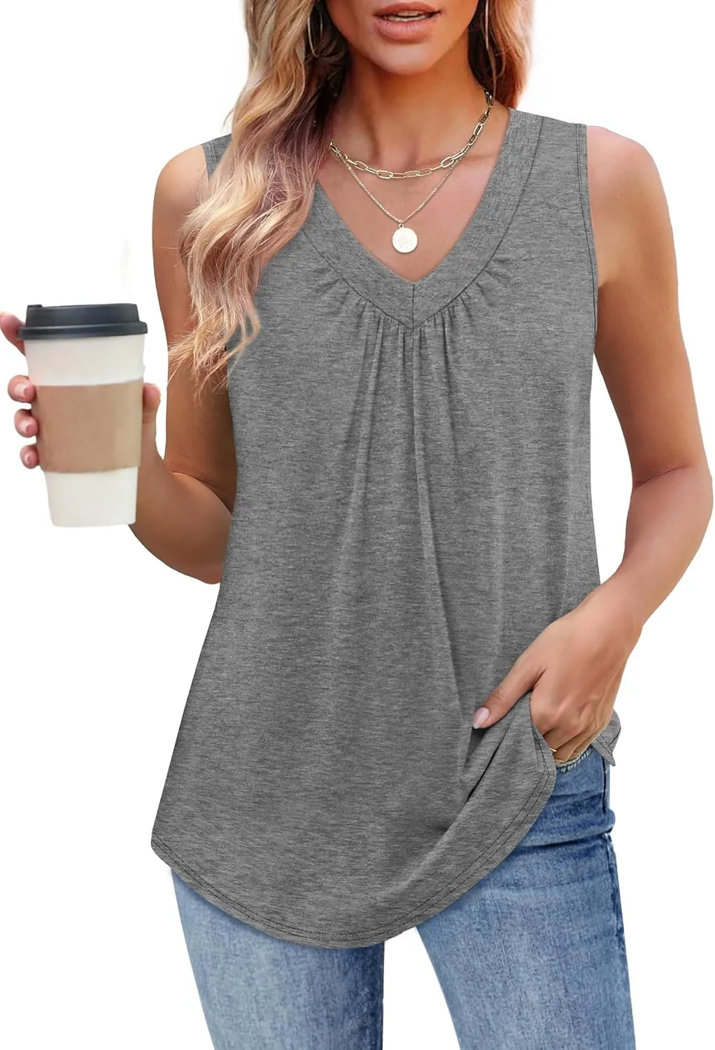OFEEFAN Tank Top for Women Loose Fit Sleeveless Shirts V Neck Summer Clothes Ruched Women's Tees and Tanks Curved Hem