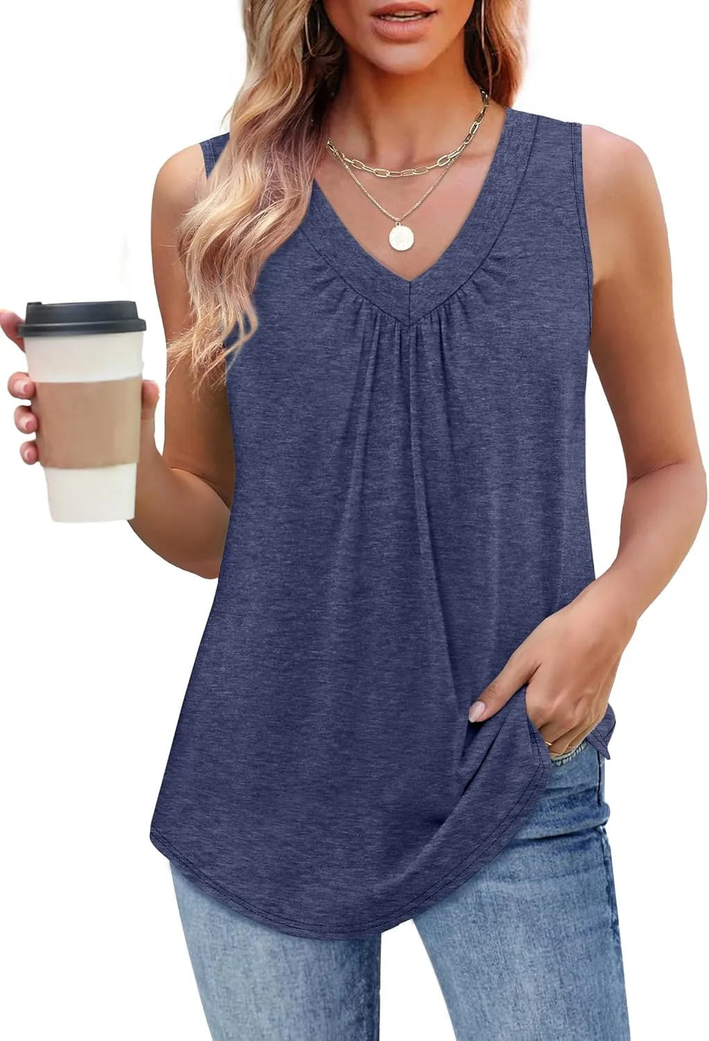 OFEEFAN Tank Top for Women Loose Fit Sleeveless Shirts V Neck Summer Clothes Ruched Women's Tees and Tanks Curved Hem
