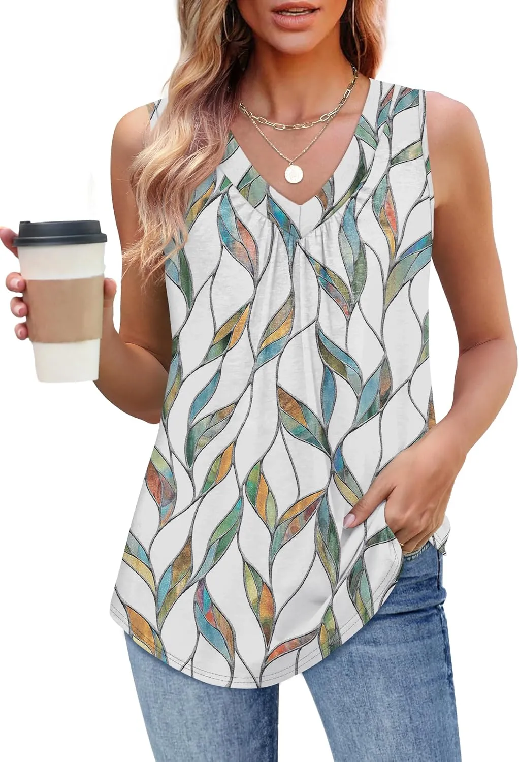 OFEEFAN Tank Top for Women Loose Fit Sleeveless Shirts V Neck Summer Clothes Ruched Women's Tees and Tanks Curved Hem
