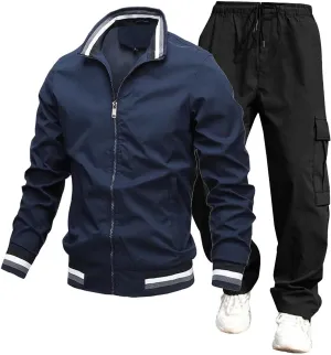 Overalls Suit for Mens 2 Piece Casual Stand Collar Full Zipper Long Sleeve Coat Cargo Pants Trendy Sport Running Set