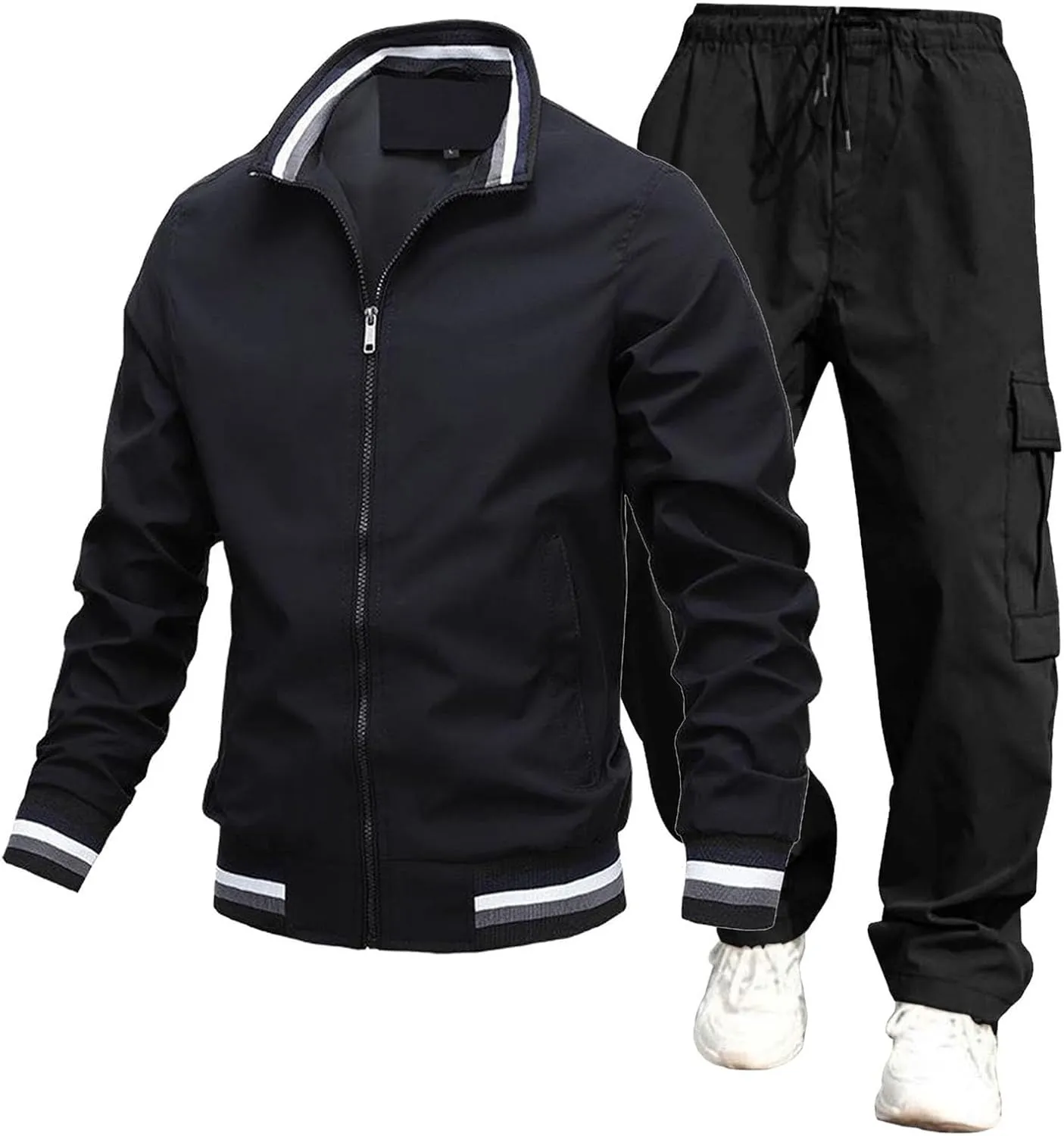 Overalls Suit for Mens 2 Piece Casual Stand Collar Full Zipper Long Sleeve Coat Cargo Pants Trendy Sport Running Set