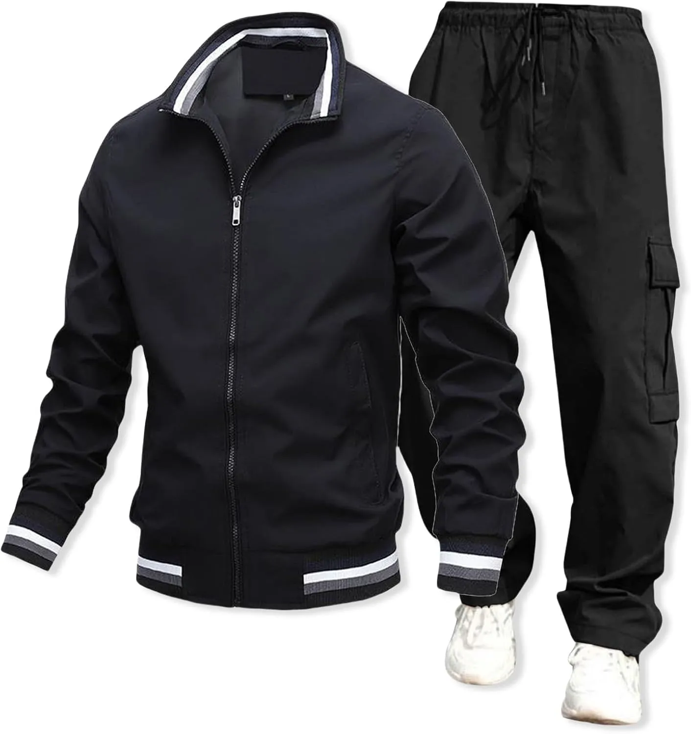 Overalls Suit for Mens 2 Piece Casual Stand Collar Full Zipper Long Sleeve Coat Cargo Pants Trendy Sport Running Set