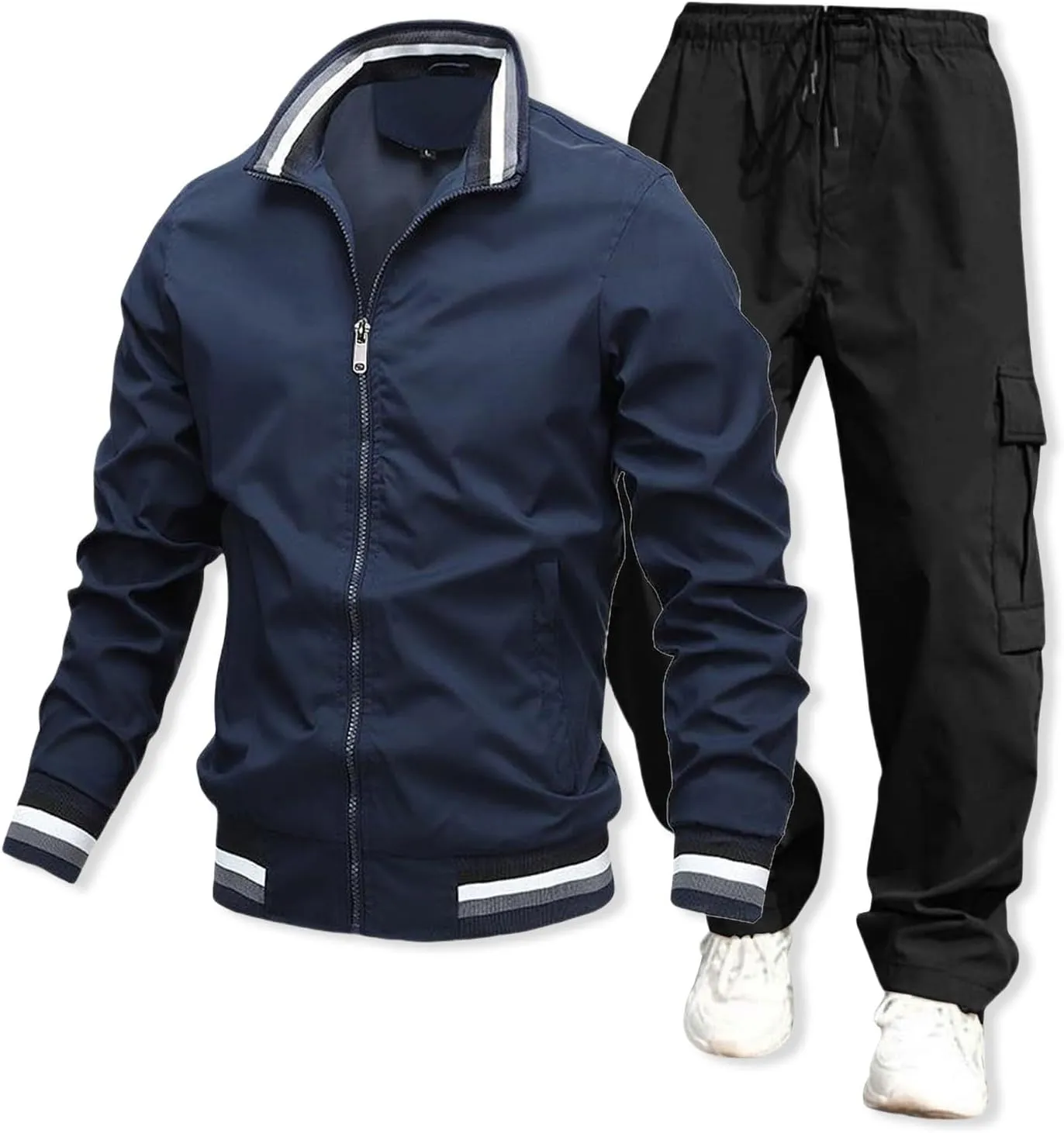 Overalls Suit for Mens 2 Piece Casual Stand Collar Full Zipper Long Sleeve Coat Cargo Pants Trendy Sport Running Set