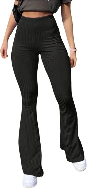 OYOANGLE Women's Elastic High Waist Flare Leg Pants Ribbed Knit Skinny Bell Bottoms Trousers