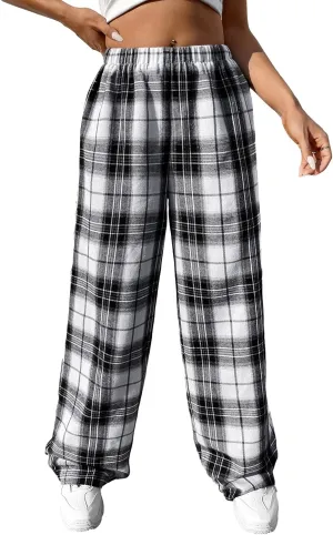 OYOANGLE Women's Plaid Print Elastic High Waist Straight Leg Pants Casual Loose Long Trousers